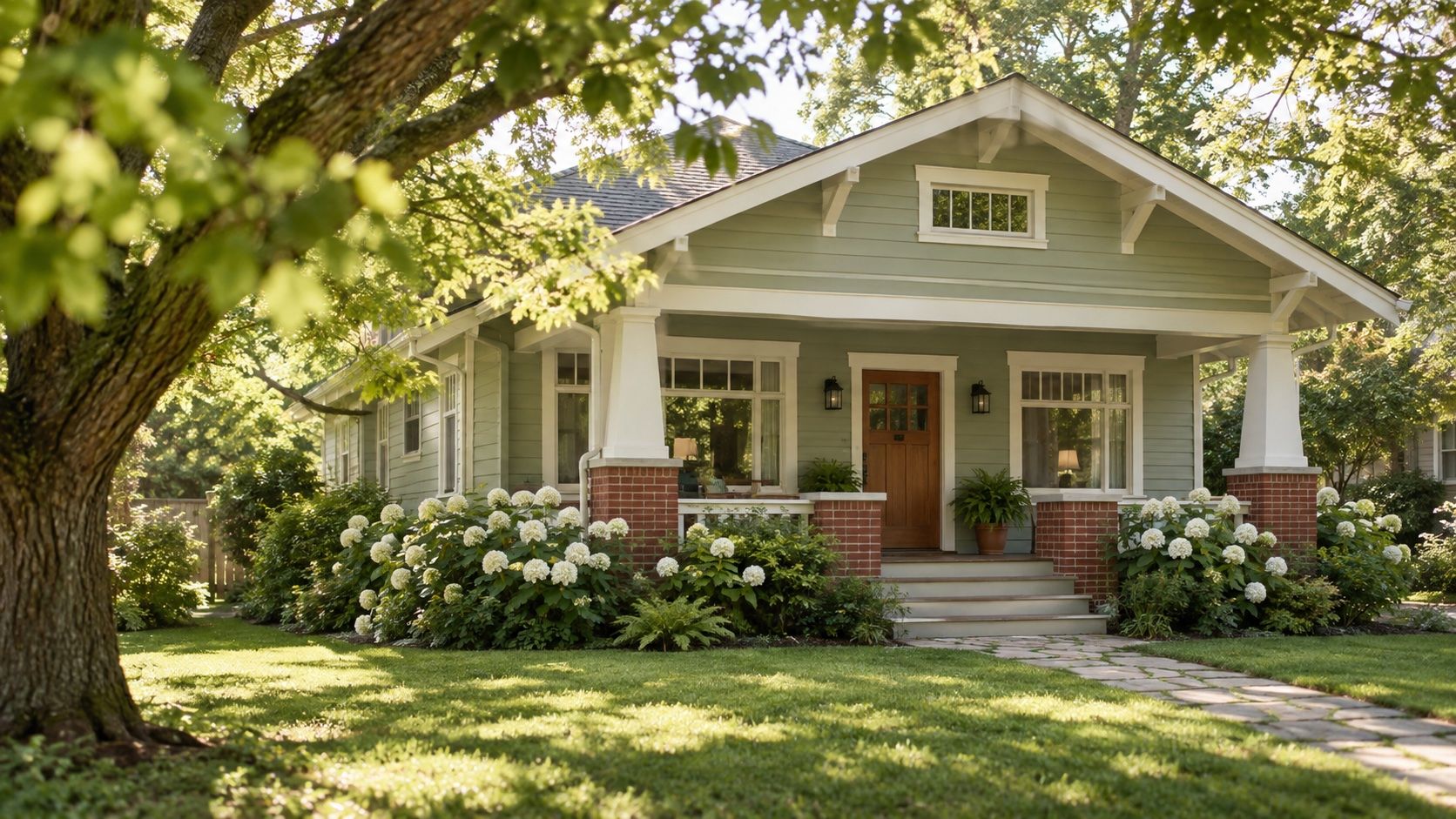 A craftsman bungalow with brick porch piers and white hydrangeas, shaded by an oak tree