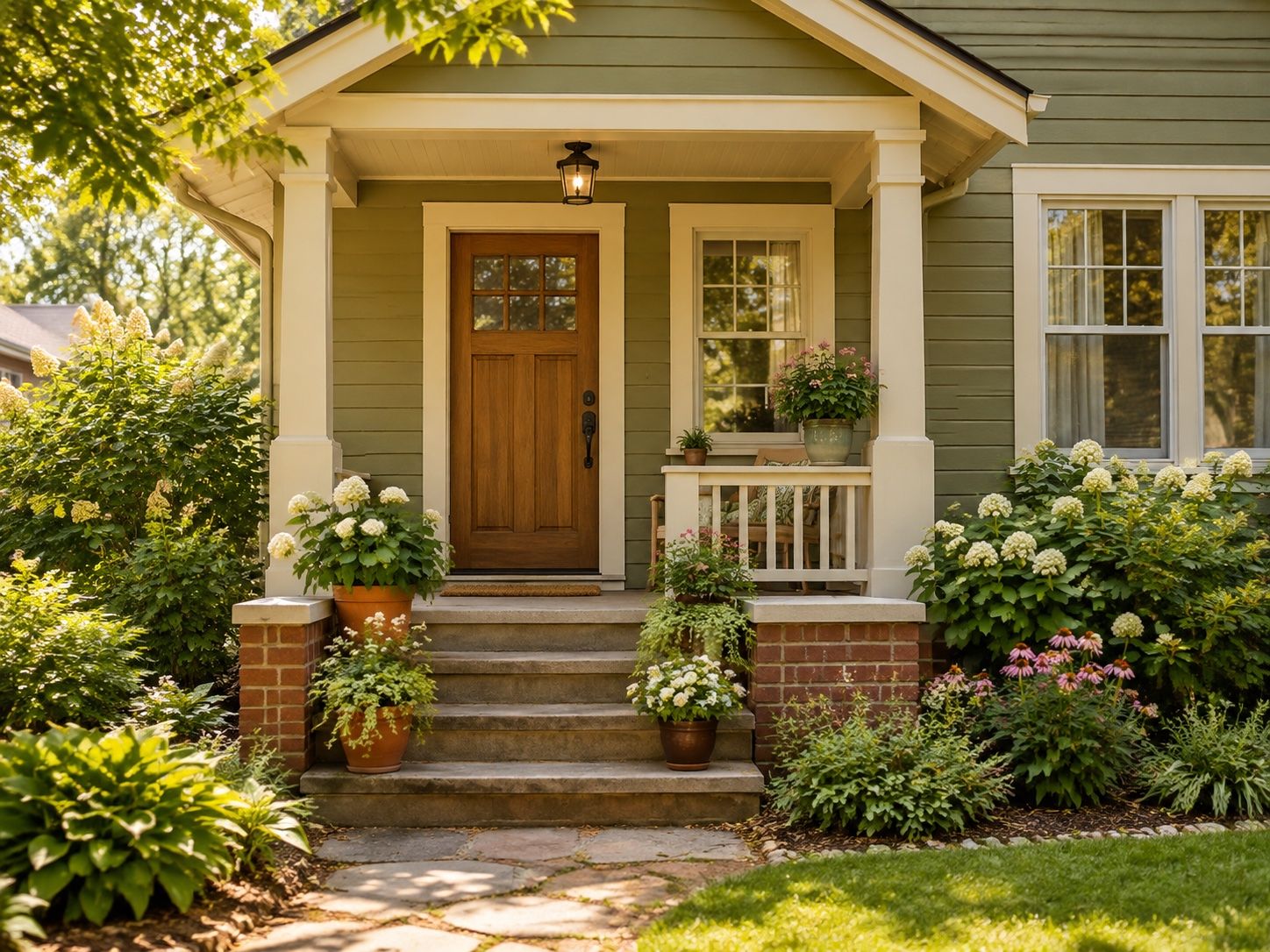 Front porch of an older cottage with potted plants on the steps