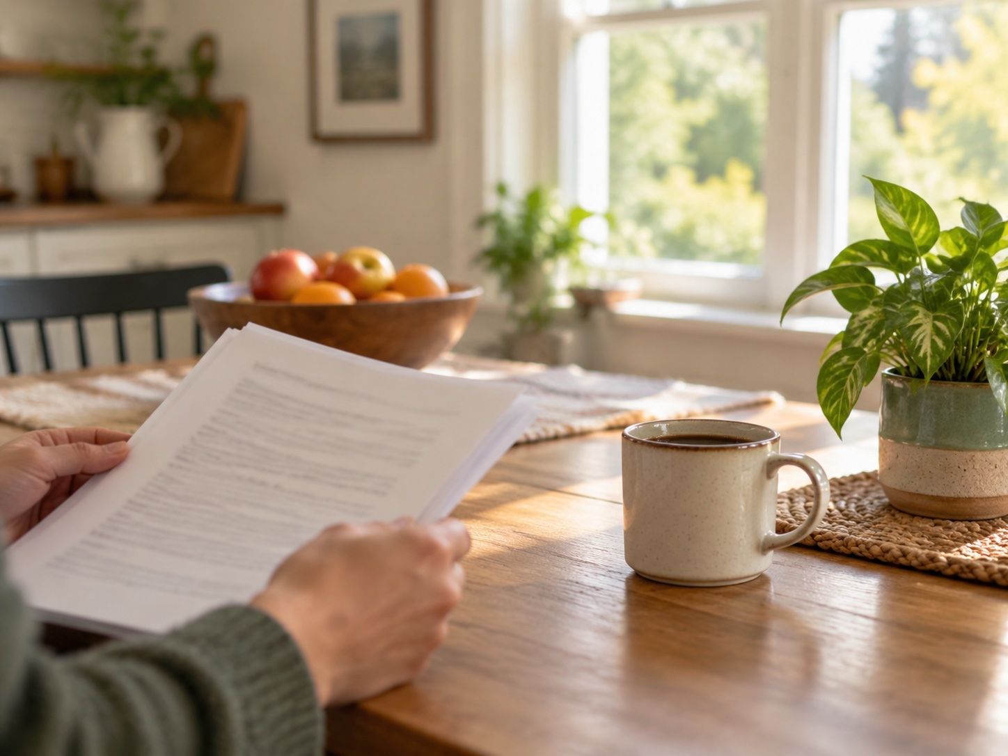 Hands holding printed pages at a kitchen table with a mug of coffee