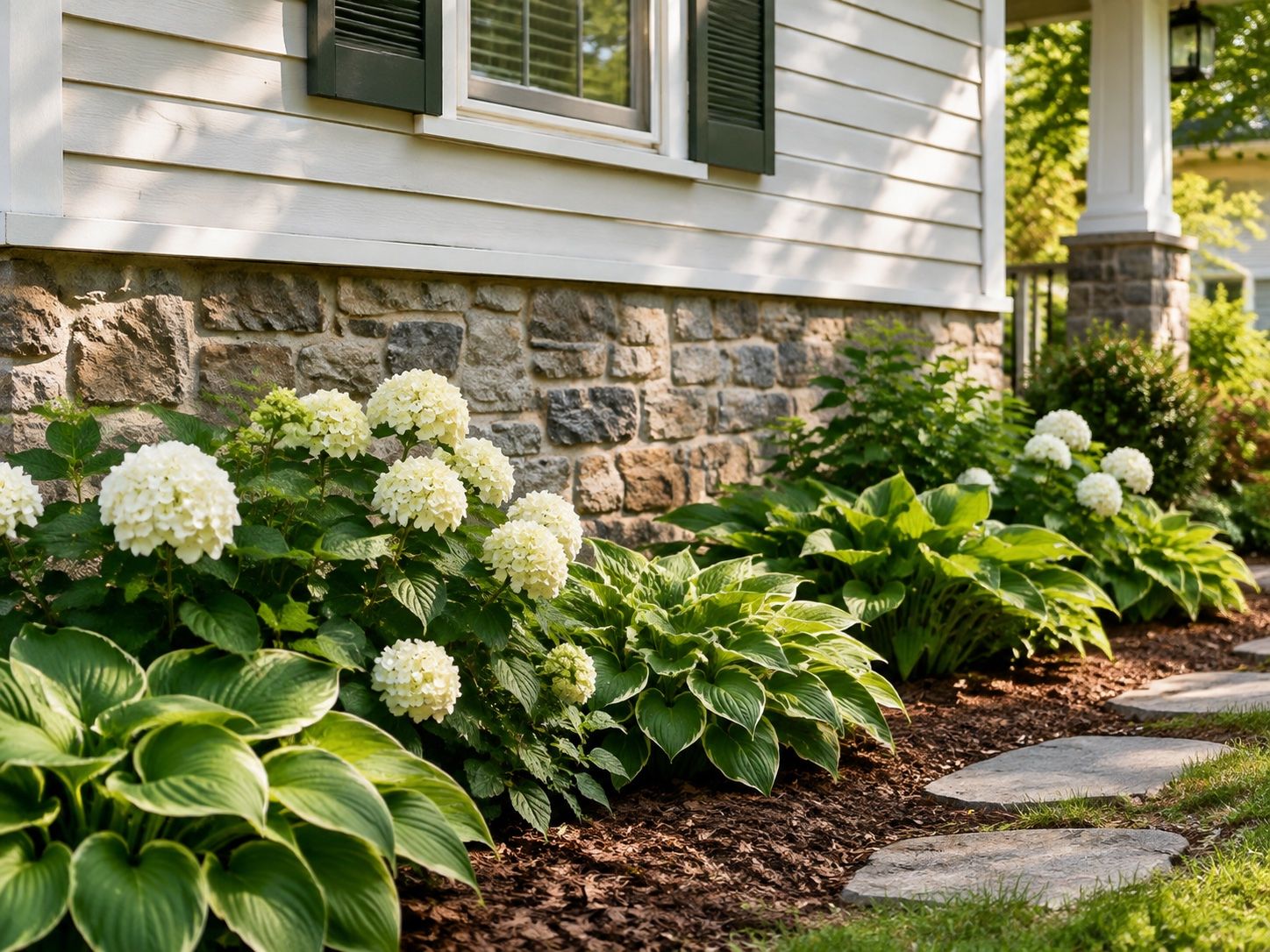 Stone foundation of a house with hydrangeas and hostas along the garden bed