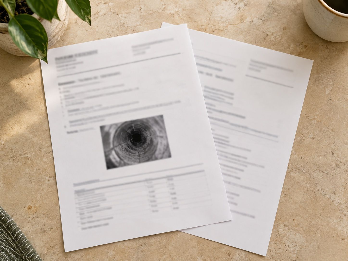 Two pages of a printed sewer inspection report on a stone table beside a plant and a cup