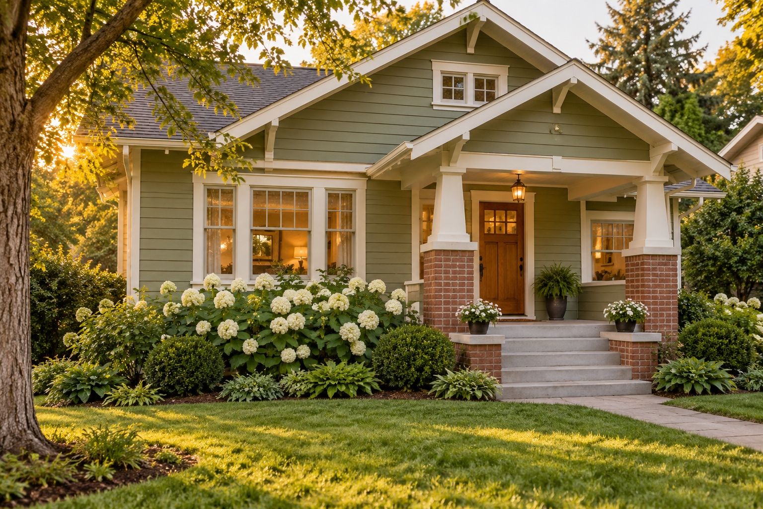 A sage-green bungalow with brick porch columns and hydrangeas in evening light